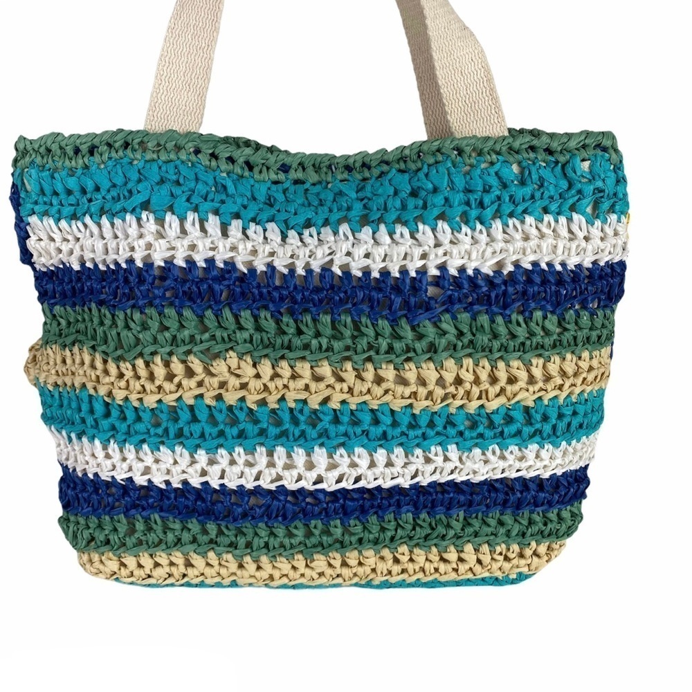 Vintage Woven Satchel Bag Purse Straw Floral Multi Colored Blue White So Cute - Picture 5 of 9